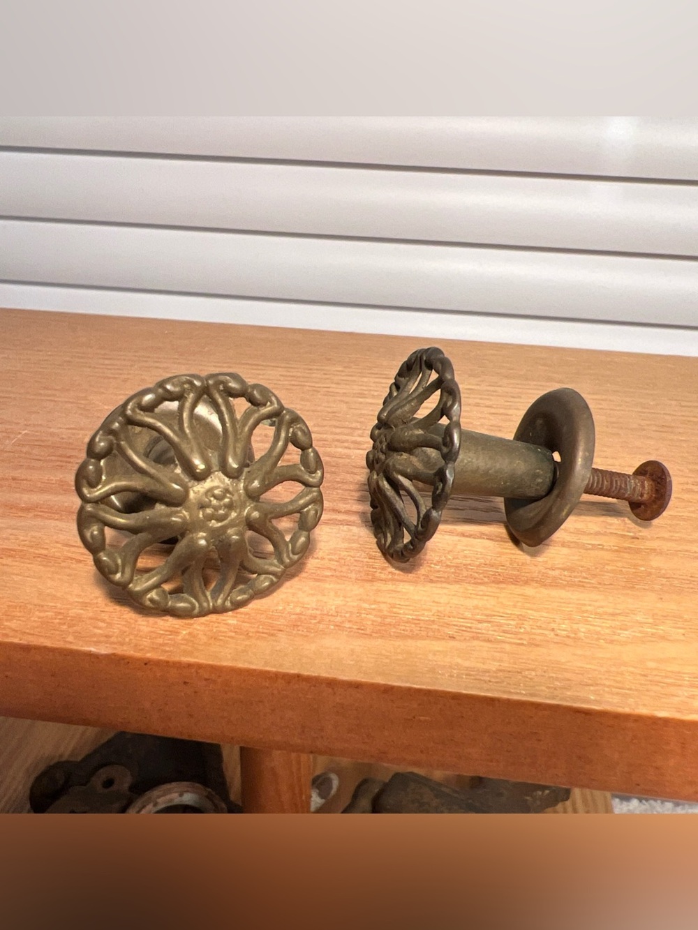 Set Of 2 Vintage Cast Brass Ornate Cabinet Knobs - 1 1/4" Diameter